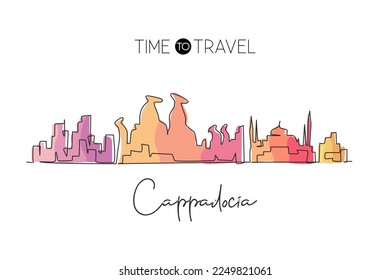Continuous one line drawing Cappadocia city skyline, Turkey. Beautiful landmark artwork. World landscape tourism travel wall decor poster print art. Stylish single line draw design vector illustration