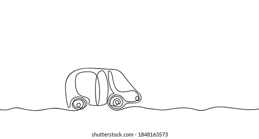 Continuous One Line Drawing Car Mini Bus, Black And White Minimalist Single Line Transport Vector Sketch Illustration