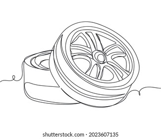 Continuous one line drawing of car wheels in silhouette on a white background. Linear stylized.Minimalist.