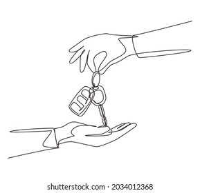 Continuous one line drawing car seller hand giving key   alarm system to buyer  Car rental for sale concept  Hand car salesman manager holding key  Single line draw design vector illustration