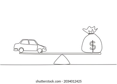 Continuous one line drawing car, auto loan or transforming assets into cash concept. Car model, US dollar notes in jute bag on simple balance scale. Single line draw design vector graphic illustration