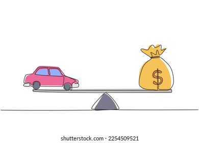 Continuous one line drawing car, auto loan or transforming assets into cash concept. Car model, US dollar notes in jute bag on simple balance scale. Single line draw design vector graphic illustration