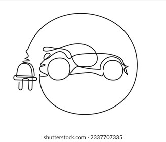 Dibujo continuo de una línea de auto y enchufe. Concepto de coche eléctrico.