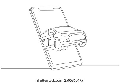 Dibujo continuo de una línea del coche que sale de la pantalla del smartphone, aplicación para llamar al coche del taxi, concepto del App del alquiler de coches, arte de la sola línea.