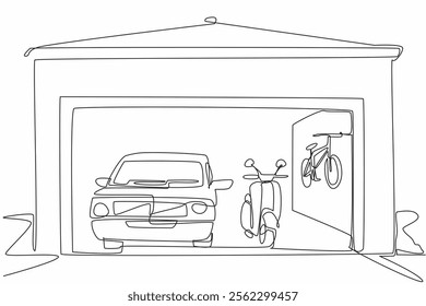 Continuous one line drawing car garage seen from the front. Several vehicles were parked neatly and perfectly. Clean garage. Organized. National Garage Day. Single line draw design vector illustration