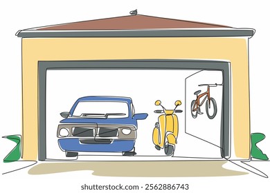 Continuous one line drawing car garage seen from the front. Several vehicles were parked neatly and perfectly. Clean garage. Organized. National Garage Day. Single line draw design vector illustration