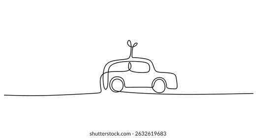 Continuous One Line Drawing Car Growing Leaves. Eco Friendly Transport Green Energy. Sustainable Vehicle.