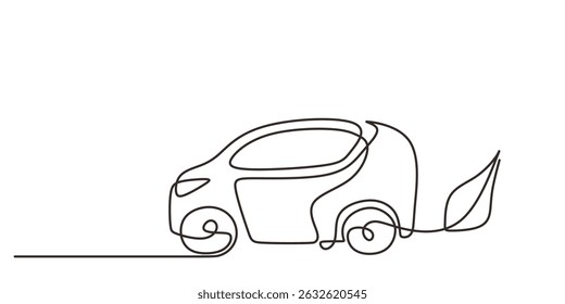 Continuous One Line Drawing Car Growing Leaves. Green Transport Future Mobility. Eco Friendly Car.