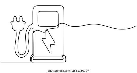 Continuous one line drawing car charging station, Single line draw design vector graphic illustration.