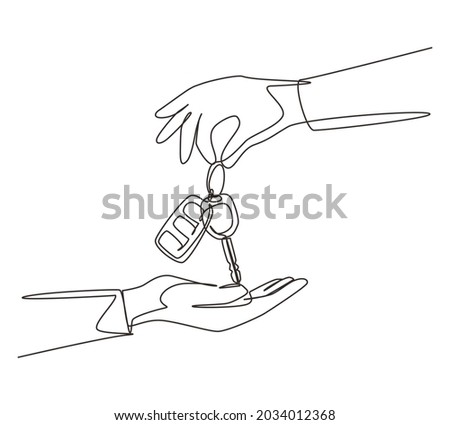 Continuous one line drawing car seller hand giving key and alarm system to buyer. Car rental for sale concept. Hand of car salesman manager holding key. Single line draw design vector illustration