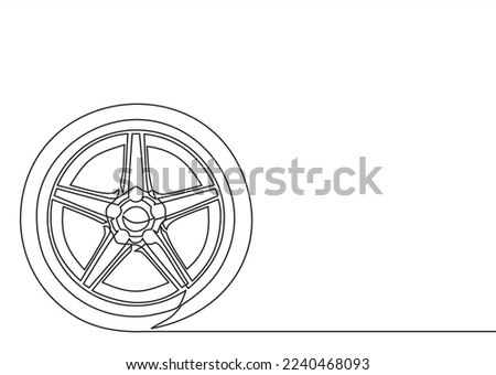 Continuous one line drawing car tires with alloy wheel rim, tire fitting service and sale advertisement poster.