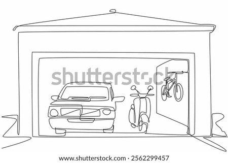 Continuous one line drawing car garage seen from the front. Several vehicles were parked neatly and perfectly. Clean garage. Organized. National Garage Day. Single line draw design vector illustration