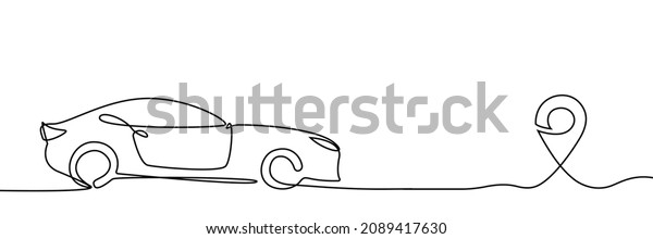 Continuous one line drawing\
car path to location pin pointer. Reach the goal concept. Travel\
concept. Vehicle road to location pointer. Oneline car. Vector\
graphic. EPS 10