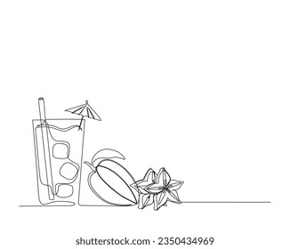 Continuous one line drawing of carambola or star fruit juice. Star fruit juice outline vector illustration.  