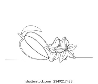 Continuous one line drawing of carambole or star fruit. A whole and slice star fruit outline vector illustration.  