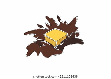 Cubo de caramelo de desenho contínuo de uma linha em salpicos de chocolate. Gosto luxuoso. Uma combinação deliciosa de prazeres. Doce. Dia Nacional do Caramelo de Chocolate. Ilustração de vetor de design de desenho de linha única