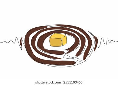 Uma linha contínua desenhando o cubo de caramelo em cima da espiral de chocolate. Uma propaganda que aumenta o apetite. Doce doce. Dia Nacional do Caramelo de Chocolate. Ilustração de vetor de design de desenho de linha única