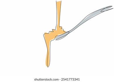 Uma linha contínua desenhando líquido de caramelo derramado em uma colher. Quero provar o prazer extraordinário na boca. Doçura. Dia Nacional do Caramelo. Ilustração de vetor de design de desenho de linha única