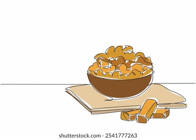 Continuous one line drawing caramel popcorn in a brown wooden bowl and on a cloth base. Snacks with a sweet taste. Munchies. National Caramel Popcorn Day. Single line draw design vector illustration