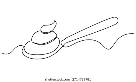 Uma linha contínua desenhando líquido de caramelo derramado em uma colher. Dia Nacional do Caramelo. Quero provar o prazer extraordinário na boca. Doçura. Ilustração de vetor de design de desenho de linha única