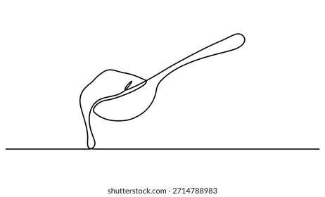 Uma linha contínua desenhando líquido de caramelo derramado em uma colher. Dia Nacional do Caramelo. Quero provar o prazer extraordinário na boca. Doçura. Ilustração de vetor de design de desenho de linha única