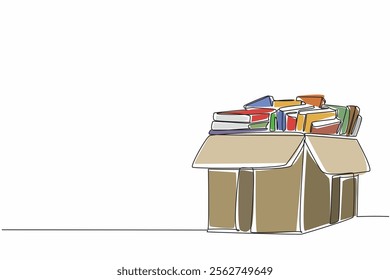 Continuous one line drawing cardboard box containing books. Arranged very neatly before being donated. Share with pleasure. National Donate a Book Day. Single line draw design vector illustration