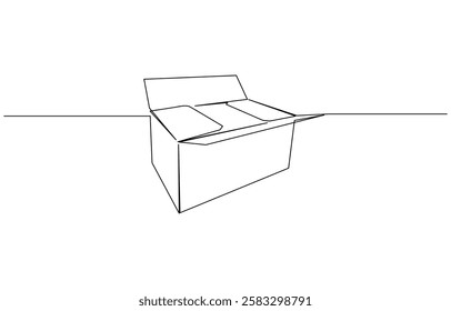 Continuous one line drawing of a cardboard box. Online shopping concept vector illustration, A cardboard box is drawn by one black line on a white background.