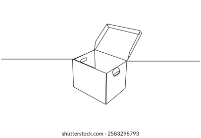 Continuous one line drawing of a cardboard box. Online shopping concept vector illustration, A cardboard box is drawn by one black line on a white background.