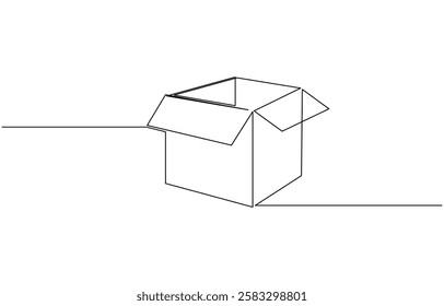 Continuous one line drawing of a cardboard box. Online shopping concept vector illustration, A cardboard box is drawn by one black line on a white background.