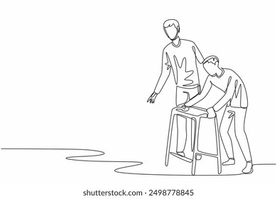 Un dibujo continuo de una línea guía a un abuelo viejo que camina usando un caminador. Haciendo terapia. Cuidar con paciencia. Día de Apreciación del Cuidador. Ilustración vectorial de diseño de dibujo de línea única