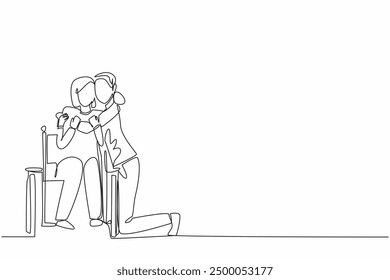 Continua una línea dibujando el cuidador se arrodilla y abraza a la abuela vieja sentada en silla de ruedas. Demostrar un alto sentido de preocupación. Día de Apreciación del Cuidador. Ilustración vectorial de diseño de dibujo de línea única