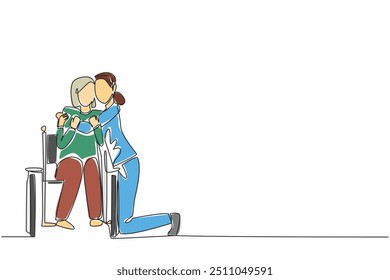 Continuous one line drawing the caregiver kneels and hugs old grandmother sitting in wheelchair. Showing a high sense of caring. Caregiver Appreciation Day. Single line draw design vector illustration