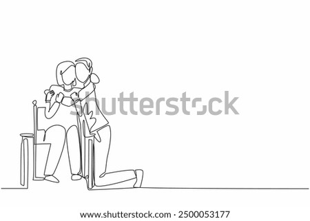 Continuous one line drawing the caregiver kneels and hugs old grandmother sitting in wheelchair. Showing a high sense of caring. Caregiver Appreciation Day. Single line draw design vector illustration