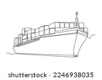 Continuous one line drawing cargo ship with containers in the port. Cargo Concept. Single line draw design vector graphic illustration.