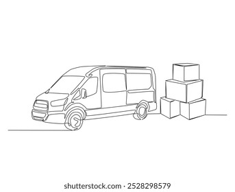 Continuous one line drawing of cargo van with cardboard boxes. Simple van truck line art vector illustration. Editable vector.
