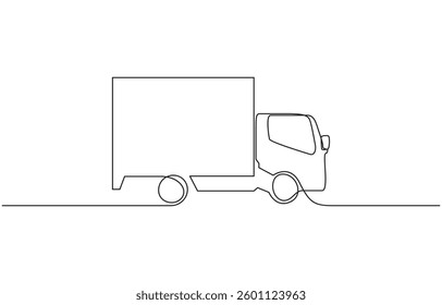 Continuous one line drawing of cargo truck transport Delivery truck in single line draw illustration, Car mini puckup truck with 4 seats. Side view, Continuous one line drawing.