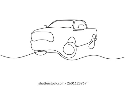 Continuous one line drawing of cargo truck transport Delivery truck in single line draw illustration, Car mini puckup truck with 4 seats. Side view, Continuous one line drawing.