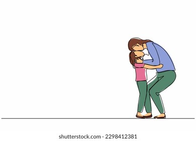 Continuo dibujo de una línea cuidando a la joven madre abrazando besando a la linda hija sintiendo amor y ternura. Día de la madre, concepto de vacaciones. ilustración vectorial de diseño de línea única