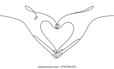 continuous one line drawing of caring hands holding heart symbol, minimalist love and support outline illustration, compassion, charity and healthcare concept design