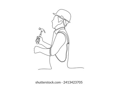 Continuous one line drawing carpenter preparing to hammer the wall. Construction worker in uniform and helmet doing work. Builder concept. Repair work services. Single line draw design vector illustra