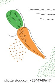 Continuous one line drawing carrot. Vector illustration. Black line art on white background with colorful spots and elements. Poster in minimalism concept