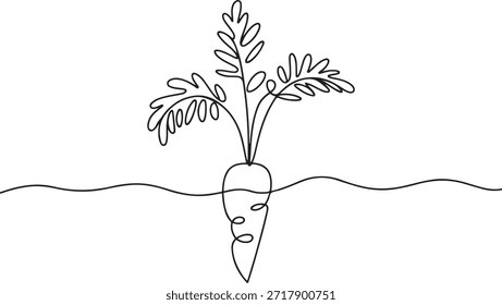 Kontinuierliche einzeilige Zeichnung von Karottengemüse. Eine Linie Zeichnung Illustration der wachsenden Karottenpflanze. Gemüseanbau Konzept kontinuierliche Linie Kunst. eine Linie Icon Zeichnung