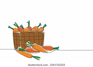 Continuous one line drawing carrots with the leaf tips still attached in wicker basket. Very satisfying harvest results. Healthy. International Carrot Day. Single line draw design vector illustration