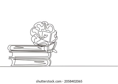 Continuous one line drawing cartoon brain reading book. Funny brain character sitting on stack of books. Learn and study print. Education school poster. Single line draw design vector illustration