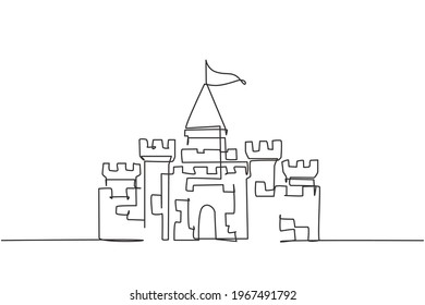 Continuous one line drawing, a castle in an amusement park with five towers and one flag above it. A palace where a happy royal family lived. Single line draw design vector graphic illustration.