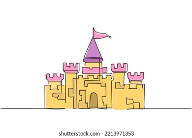 Continuous one line drawing, a castle in an amusement park with five towers and one flag above it. A palace where a happy royal family lived. Single line draw design vector graphic illustration.