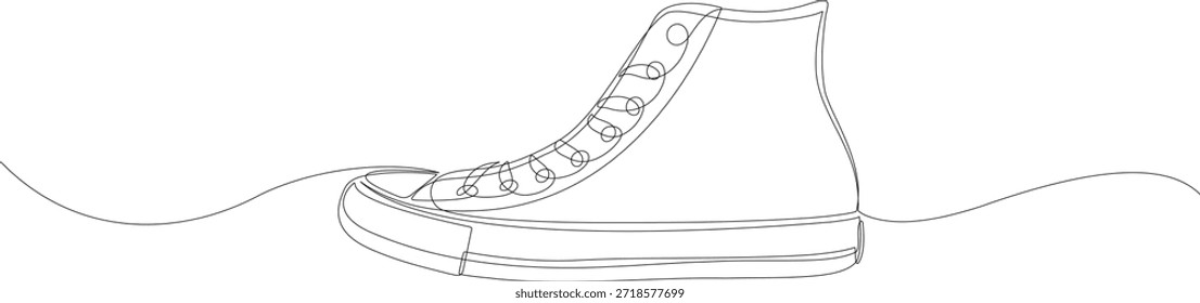 Dibujo continuo de una línea de zapatillas de lona casual. Ilustración vectorial negra minimalista de calzado clásico con cordones aislado sobre fondo blanco.