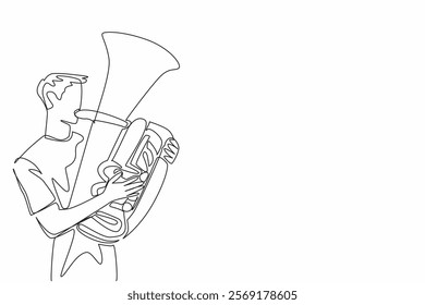 Continuous one line drawing casually dressed man playing the tuba. Producing a pleasant tone. Street musician. Modern. Harmony. Jazz. National Tuba Day. Single line draw design vector illustration