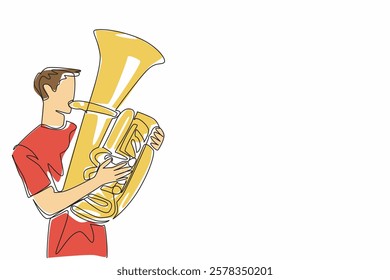 Continuous one line drawing casually dressed man playing the tuba. Producing a pleasant tone. Street musician. Modern. Harmony. Jazz. National Tuba Day. Single line draw design vector illustration