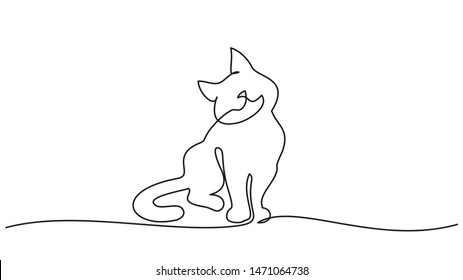 Continuous One Line Drawing. Cat Sitting With Curled Tail. Vector Illustration